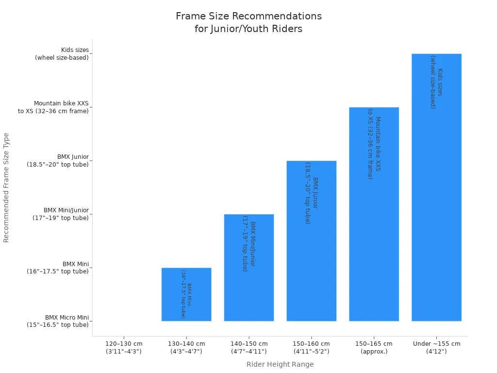 Bar chart showing recommended frame sizes for junior and youth racing bike riders by height range